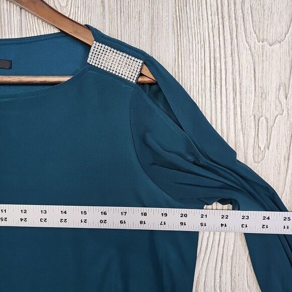 MSK Blouse Women's Medium Emerald Green Knit Cold Shoulder Bling Holiday‎ Party - Picture 6 of 9